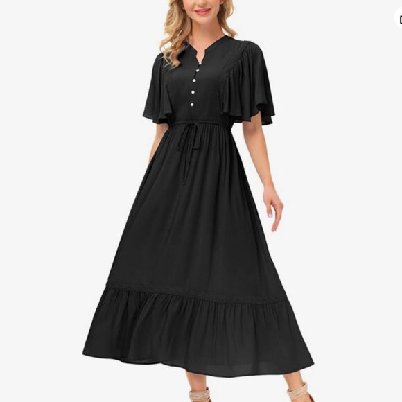 🖤 Scarlet Darkness Black Maxi Dress Tie Waist Lace Flutter Sleeves XL - Picture 1 of 11